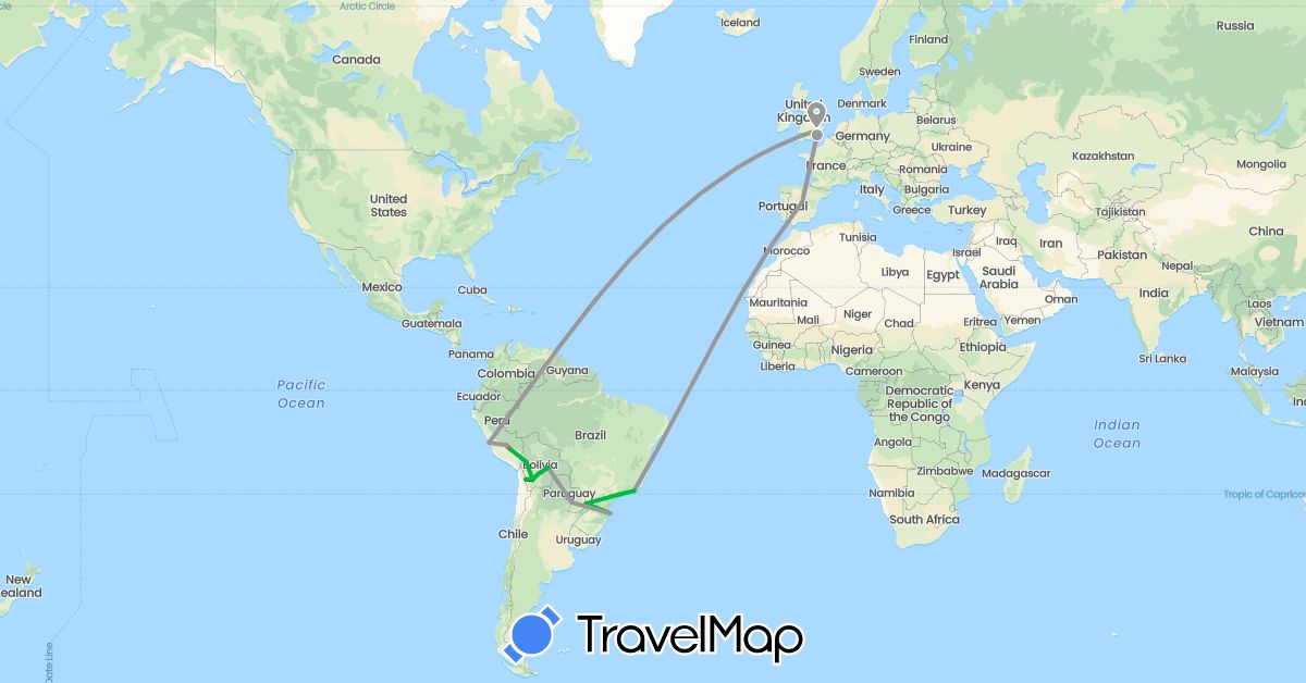 TravelMap itinerary: driving, bus, plane, hiking in Bolivia, Brazil, Spain, United Kingdom, Peru, Paraguay (Europe, South America)